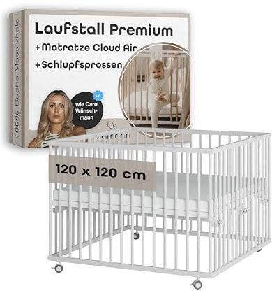 Sämann Baby Laufstall aus Holz I Weiß 120x120 cm I Inkl. Matratze Cloud Air & Schlupfsprossen I Höhenverstellbares Babybett aus Buchenholz I Laufgitter mit gummierten Rollen I TÜV geprüft