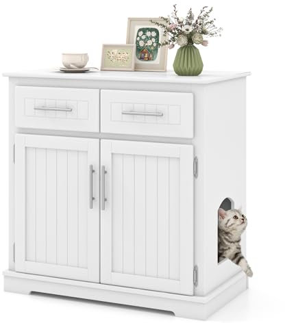 GYMAX Katzenschrank, Katzenklo Schrank 80 x 45 x 80 cm, Katzenhaus mit 2 Türen & 2 Schubladen, Katzenhöhle mit Anti-Kipp-Vorrichtung für Eingangsbereich & Wohnzimmer, Weiß