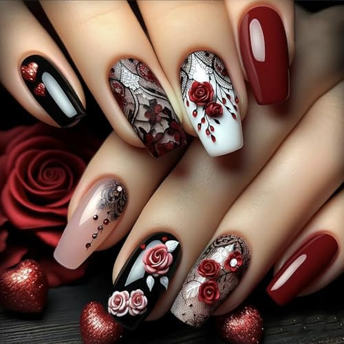 24Pcs Red Rose Press on Nails, Acrylic Full Cover Coffin Nails – Black Lace & Heart Design, Medium Ballet Shape