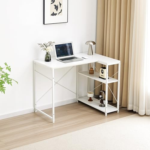 Garvishk Garvis Eckschreibtisch 100x50 cm – L-Form Gaming Tisch mit Regal – Computertisch für Homeoffice(Weiß)