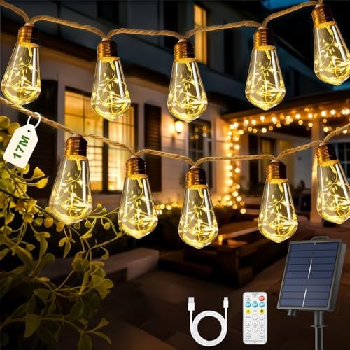 Solar Lichterkette Aussen Mit 30 S17 Glühbirnen, 17M Lichterkette Außen Wetterfest Warmweiß 8 Modi Memory-Funktion Timer Vintage Hanfseil Solarlichterketten für Garten Terasse Balkon Hochzeit Party