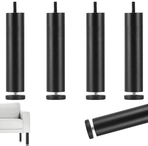 TIANLIN 4 Pièces Pieds de Meubles Réglables en Hauteur M8 – Alliage d'Aluminium, Noir, 20 cm, Compensation 0–8 mm – Universels pour Canapé, Armoire, Bureau & Plus