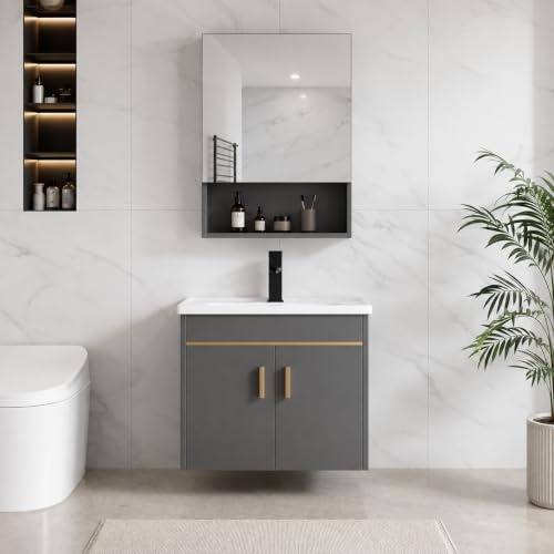 FGNIXLN Badmöbel Set Waschtisch mit Unterschrank 51 cm inkl. Spiegelschrank 45cm, Badmöbel Set mit Waschbecken, hängend, Moderne Badezimmer Möbel (Grau, 50x36CM)