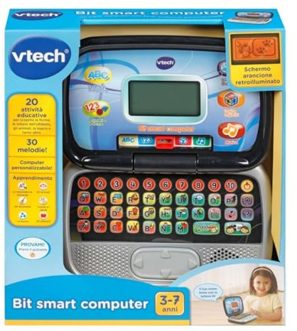 Bit Smart Computer Negro - Ordenador educativo interactivo para niños de 3 a 7 años, 20 actividades, 30 melodías, ratón integrado, pantalla retroiluminada, idioma italiano, pilas incluidas