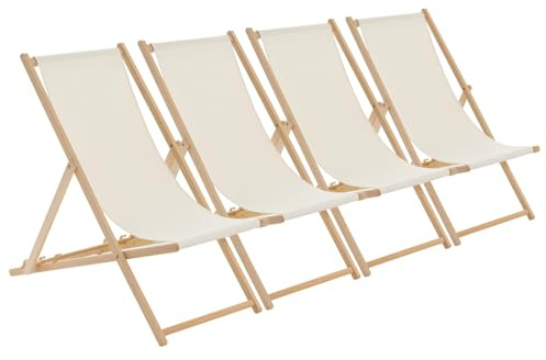 Harbour Housewares Folding Wooden Deck Chairs – Natural – Pack of 4 – Adults Traditional Foldable Reclining Outdoor Canvas Sun Lounger Chair Seat for Garden Patio, Beach, Camping