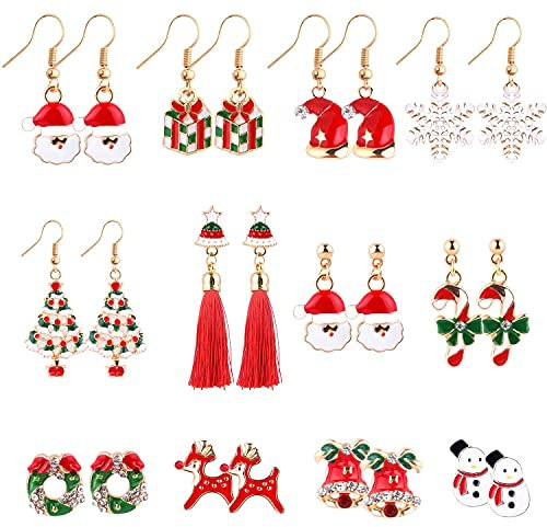 TUPARKA 12 Paar Weihnachtsohrringe Weihnachtsohrstecker Weihnachtsgeschenke mit Weihnachtsmann Schneemann Schneeflocke Rentier Weihnachtsbäume für Frauen Mädchen