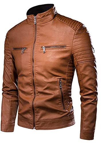 Chaqueta Cuero De Hombres,Chaqueta De Moto Retro Informal Con Cuello De Pie Delgado, Invierno Hombres Biker Pocket Design Pu Piloto Chaquetas Abrigo De Piel Sintética, Para Conducir Una Motocicleta