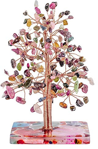 KYEYGWO Turmalin Heilung Kristallbaum auf Achat Scheiben Base, Kupferdraht Geldbaum Feng Shui Bonsai Baum Deko Figuren für Glück, Reichtum und Gesundheit