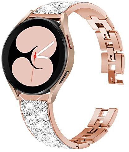 DEALELE Armband Kompatibel mit Samsung Galaxy Watch 7 / FE / 6/5 / 4 40mm 44mm / 6/4 Classic / 5 Pro / 3 41mm, 20mm Bling Diamant Edelstahl Metall Armbänder für Huawei GT3 /GT2 42mm Women, Roségold