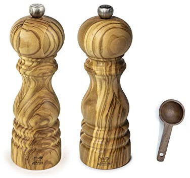 Peugeot Paris Olivier Salt & Pepper Mill Gift Set Olive Wood - With Wooden Scoop (7 Inches)