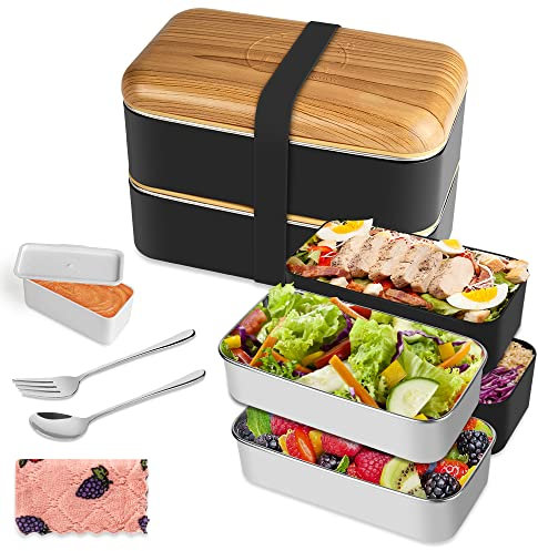 HOLIPOT Bento Lunch Box de Estilo Japonés con Cuchara y Tenedor, Fiambrera Lunch Acero Inoxidable Para Adultos/Niños