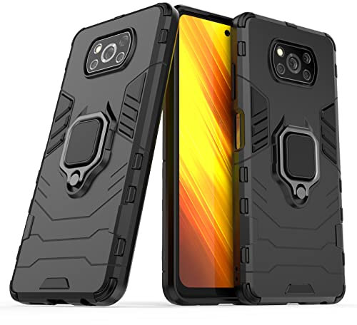Tuopuna Handyhülle für Xiaomi Poco X3, Hybrid Heavy Duty Armor Protective Bumper Cover mit 360° Ring Holder Kickstand und Magnetischem Design in Schwarz