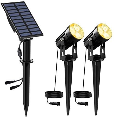 NATPOW Luces Solares LED Exterior Jardin Foco Solar de Jardín Luz Solar Exterio, IP65 Impermeable, 2 Niveles de Brillo de Crepúsculo a Amanecer Iluminación para Patio, Terreza, Césped (3000K)