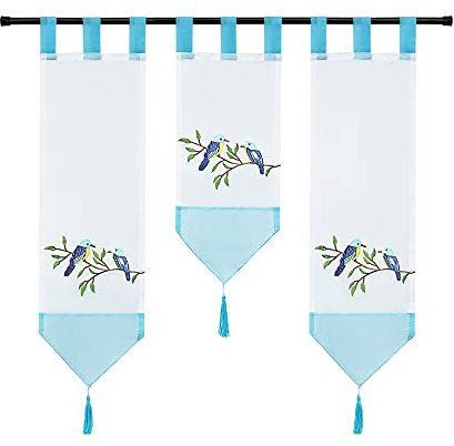 Joyswahl Voile Scheibengardine Miniflächenvorhänge mit Schlaufen Küchengardine mit Vogel Stickerei Muster 3er Set Kurzstore Bistrogardine Blau (20 cm breit, 1 x 50 cm Länge und 2 x 70 cm Länge)