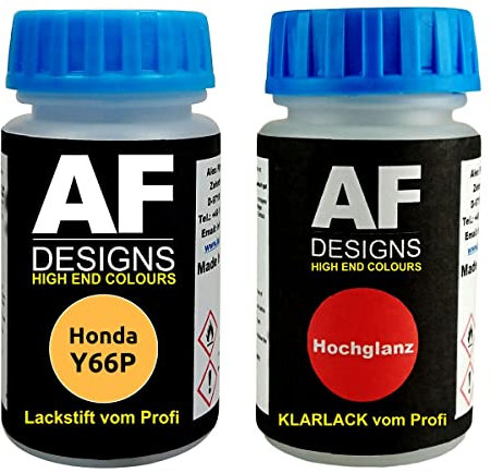 Alex Flittner Designs Lackstift für Honda Y66P Vivid Yellow Perl + Klarlack je 50ml Autolack Basislack Set