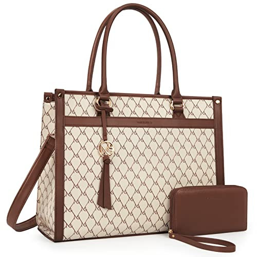 Missnine Laptop Tote Bag 15.6 inch Laptop Bag Stylish Briefcase for Women Work Shoulder Bags for Office, Travel, Dark Beige 2 Pcs Set, L, Professional