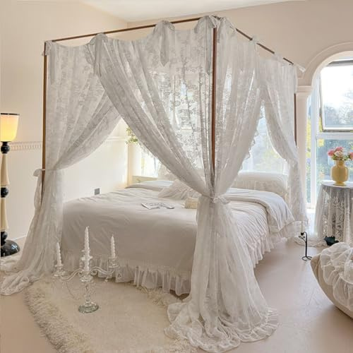 SCMTYWCQ Elegante Spitze Prinzessin 4 Eckpfosten Moskitonetz Romantisch für Mädchen Frauen Bettvorhang Baldachin für Erwachsene Hochzeit Schlafzimmer Kinderzimmer Dekoration (Typ 3 - Beige-Weiß, Queen