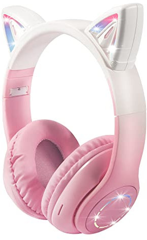 XtenKea Cuffie Orecchio Gatto Bluetooth per Bambini con Microfono/illuminazione LED, Cuffie senza fili, pieghevoli, limitatore a 85 /94dB per smartphone/PC/Laptop/Tablet/TV (Rosa)