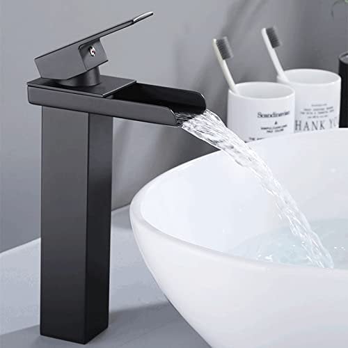 ZYCDP Waschbecken Wasserhahn Wasserfall Schwarz, Edelstahl Badarmatur Einhebelmischer für Aufsatzwaschbecken, Einhandmischer Waschtischarmaturen, Hoch