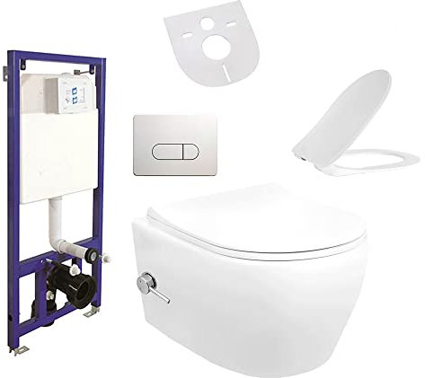 Spülrandloses Hänge Dusch WC Komplettset mit Taharet Kalt/-Warmwasserarmatur Softclose Sitz Drückerplatte Vorwandelement