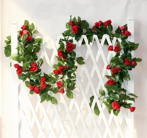 GIVBRO Künstliche Rosen, Ranken, künstliche Seide, Rosen, Blume, Efeu, Blatt, Girlande, Hochzeitsarrangement, Party, Gartendekoration, Rot, 2,5 m