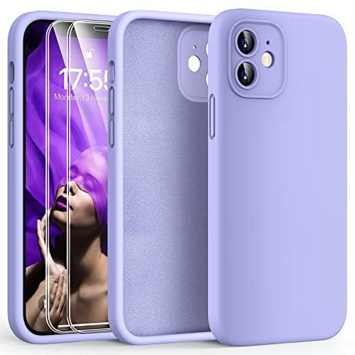 HATOSHI 3-in-1 iPhone 12 Hülle mit 2 Stück Schutzglas, Flüssig Silikon Anti-Rutsch Kratzfestes Stoßfest Handyhülle iPhone 12 Schutzhüll, Lila