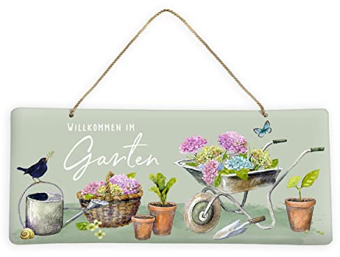 Blechschild zum Aufhängen Willkommen im Garten I Wanddeko Metall quer I Metallschild für den Garten, die Terrasse oder das Gartenhäuschen I Schönes Geschenk für Gartenliebhaber
