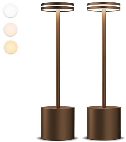 Moslumin Lampade da Tavolo Senza Fili Ricaricabili, 5000mAh LED Lampade da Comodino USB, Dimmerabile, Impermeabile, 3 Modalità di Colore, Luci a Batteria per Scrivania Esterno Ristorante (2 Marrone)