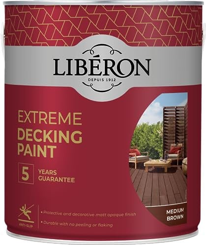 Libéron Extreme Decking Paint - 5-Year Guarantee - Resists Extreme Weather - Non-Slip Finish - No Undercoat Needed - Medium Brown - 2.5 litres