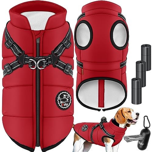 LOVPET® Hundejacke Hundemantel mit Geschirr, inkl. 45 Stück Kotbeutel + Spender, Hunde Winterweste gefüttert wasserdicht, Gepolsterte Weste Mit Brustgurt, Reflektoren, D-Ring 5XL, Bordeaux Rot