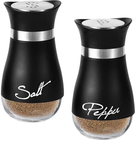 BRISKORE Juego de salero y pimentero, color negro, 120 ml, fondo de cristal, pimentero y salero, pequeño salero y pimentero, juego de salero y pimentero, con tapa de acero inoxidable, para cocina,