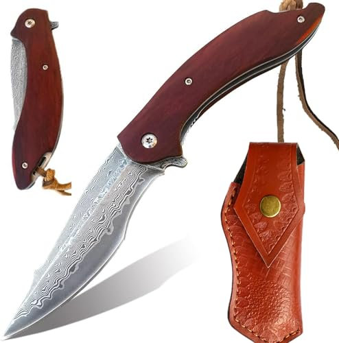 JINPIKER Damast Taschenmesser, VG10 Damaststahl Klinge, EDC Einhandmesser mit Holzgriff, Gürtelclip, Damastmesser Klappmesser Survival Messer für Outdoor, Wandern, Camping, Jagd