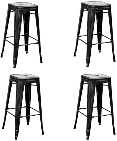 EME Pack 4 Taburetes Alto Metálico Acero Galvanizado, Negro 76x43x43cm | Pack 4 Taburetes Apilables para Interior y Exterior, Taburetes Metálicos para Hostelería