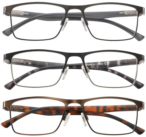 acavefox 3 Pack Blaue Licht Blockieren Anti UV Lesebrille Herren Rechteck Metall Rahmen Komfortabel Lesehilfe Sehstärke 1,25