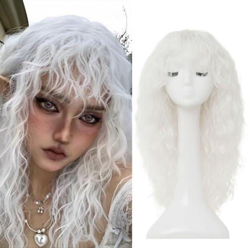 Siudus Weiß Lange Lockige Perücken für Frauen mit Pony Wellige Synthetische Hitzebeständige Faser Haar Perücke für Cosplay Halloween Gebrauch