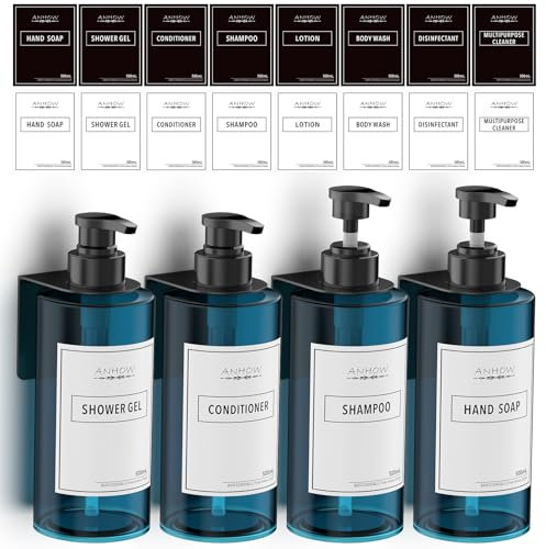 Anhow 4er 500ml Seifenspender Wandbefestigung Set, Seifenspender Wand Ohne Bohren Leere Duschgel Spender mit 16er Kategorie Etikett für Dusche/Küche/Badezimmer - Blau