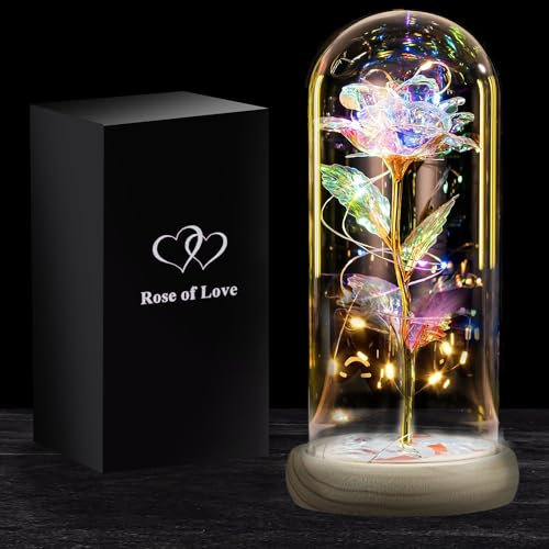 Rose Eternelle Lumineuse | Cadeau Romantique pour Femme | Fleur Artificielle Belle et la Bête | avec LED et Cloche en Verre | Coffret Inclus | Cadeaux St Valentin, Fête des Mères | OriginalCorner®