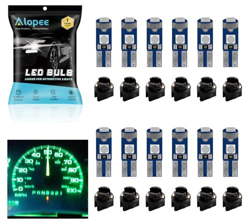 Alopee Lot de 12 Ampoule T5 Led Vert avec Douille 12V 20Lumens 3SMD 3030 - Auto Ampoule Tableau de Bord, Compatible W1.2W 2721 2723 74 37 286 PC74 PC37