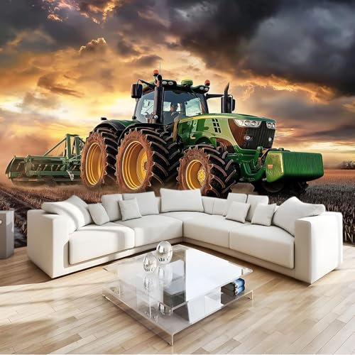 Coucher De Soleil Papier Peint Intissé 3D Tracteur Agricole Panoramique Fresque Murale, Pour Salon & Chambre Fond Tv Décoration - (Facile À Poser) 200 X 140 Cm
