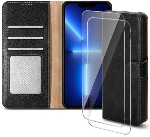 PIXFAB for Apple iPhone 13 Pro Case with 2 x Screen Protector Tempered Glass, Leather Wallet Phone Case, Magnetic Book Flip Folio Cover [RFID Protection & Card Slots] and [Kickstand] - Black