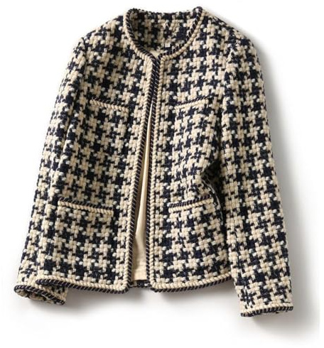 FM2018XSL kvinnors tweed blazers jackor, öppen framsida rutig tweed kostymjacka, elegant affärsjacka vår höst vinter, Svart, M