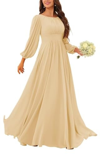 HPPEE Fall Long Sleeve Champagne Bridesmaid Dresses for Women with Sleeves Pleated A Line Chiffon Evening Formal Dress UK16