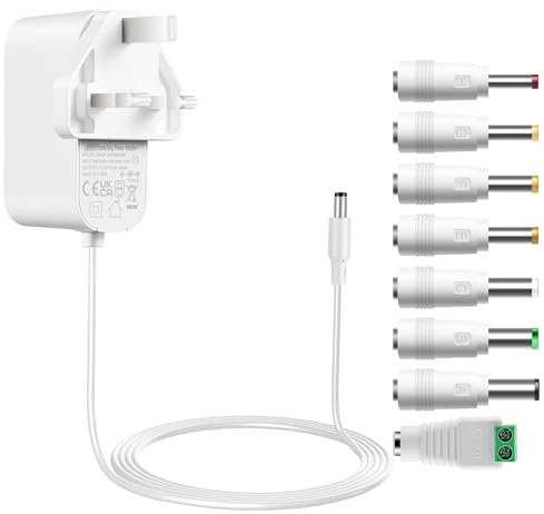 Tonton 12V DC Power Supply Adapter 1.8M(6ft), 2A 1A 24W AC/DC Power Adapter Cord, Power Plug DC Male 5.5x2.1mm with 8 Tips for LED Strip Light, CCTV Camera, BT Speaker, GPS, Webcam, Router (White)