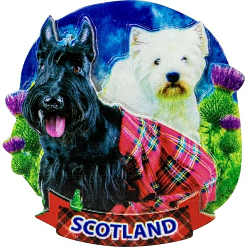 I LUV LTD Scottish Fridge Magnet Resin with 3D Effect, Scottie Dogs Black and White with Scotland Banner, Hand-Painted Resin Travel Sticker Souvenir, Handmade Home & Kitchen Collection Gift