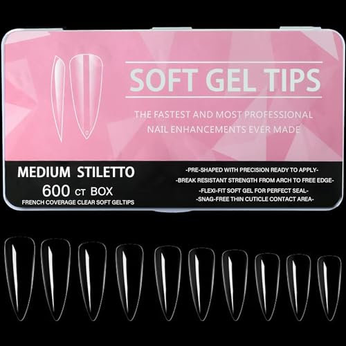 Luoqun88 600PCS Soft Gel Nail Tips - Clear ABS Material, Stiletto Shape, Full Cover, 12 Sizes, 1 Set