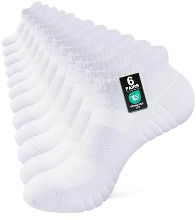 Niorasen Running Socks for Men & Women, 6 Pairs, Cushioned | 80% cotton ankle trainer socks with terry cushioning, breathable mesh, seamless toe, heel tab and arch support for sport.