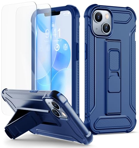 ORETECH for iPhone 13 Case, Built-in Kickstand Phone Holder - Blue | 2 x Tempered Glass Screen Protectors, Heavy Duty Military Grade Drop Shockproof Protection