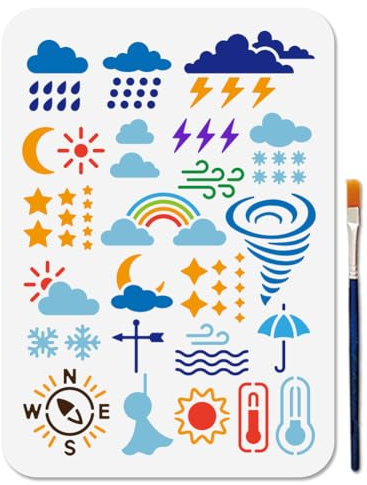 MAYJOYDIY Wettervorhersage Schablonen 29.7×21cm Wiederverwendbare Blitz Donner Schablone Zum Malen Regenbogen Tornado Kunsthandwerksvorlage Mit Pinsel Für Fenster Holz Wand Zuhause Geschenk Dekoration
