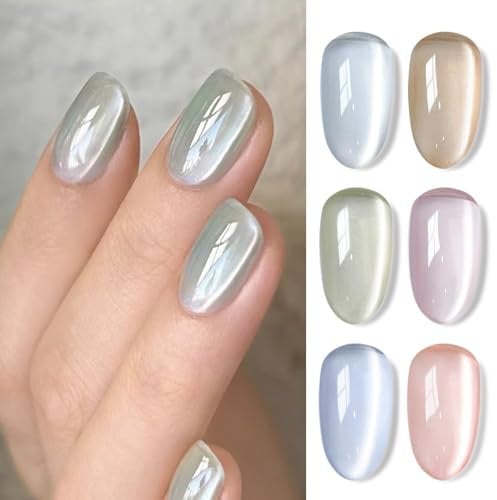 BORN PRETTY Magnetic Gel Nail Polish Pink Green Purple Blue Jelly Glass Crytal Color with Magnet Soak-Off U V LED Cat's Eye Effect Gel Polish for Nail Art Salon DIY Home 6PCS