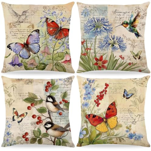 4 Stück Blumen Kissenbezug 40x40cm,Kissenbezüge Frühlings Blumen,Frühling Urlaub Kissenbezug Dekoration,Leinen Kissenhülle Blume Garten Schmetterlinge Und Vögel,Für Sofa Schlafzimmer Dekoration (B)